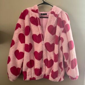 Pink Puffer Jacket with Heart Pattern